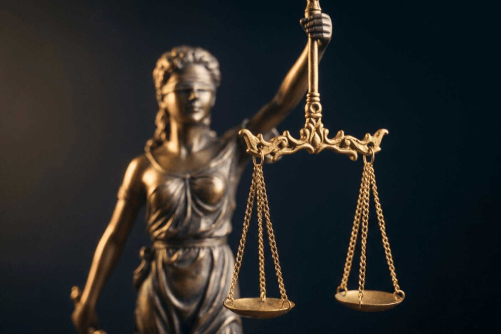 Estatua dorada de la justicia con la balanza, sobre fondo oscuro